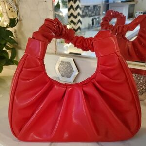 SMALL RED HANDBAG ,RUFFLED STRAP